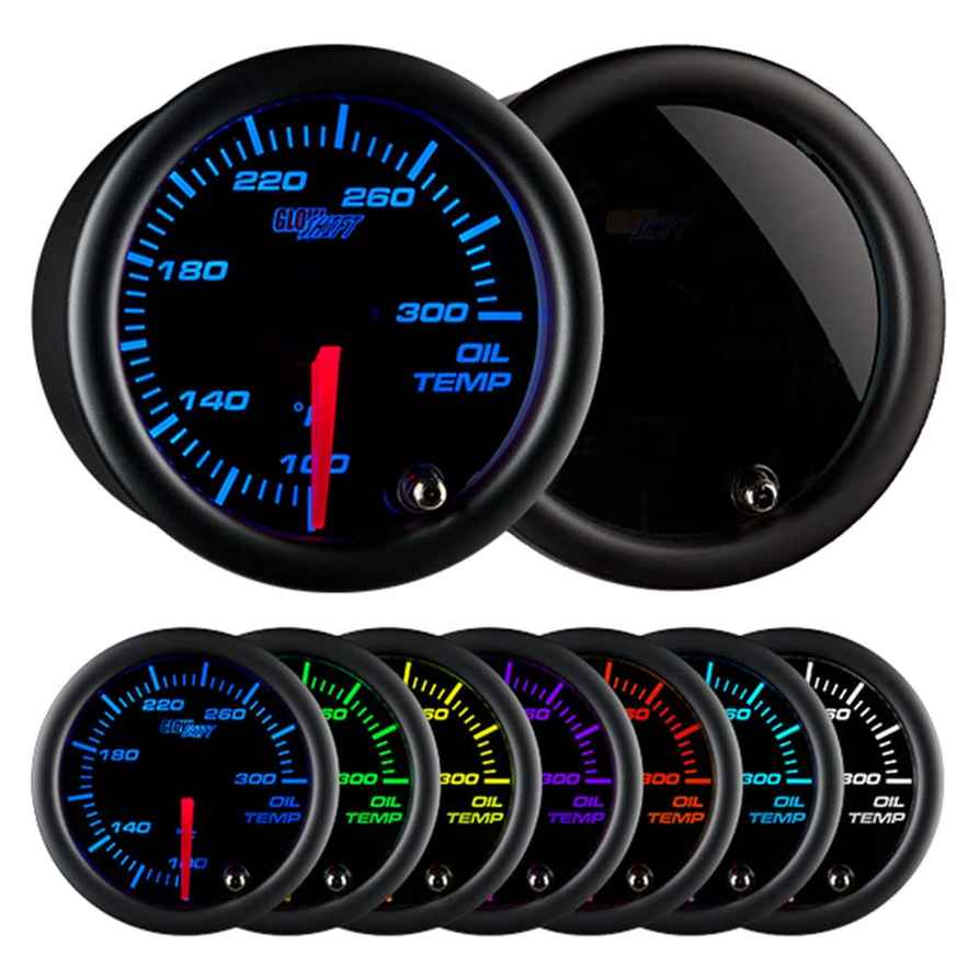 GlowShift Tinted 7 Color 300°F Oil Temperature Gauge Kit - Includes Electronic Sensor - Black Dial - Smoked Lens - For Car & Truck - 2-1/16\ Inch (52mm)